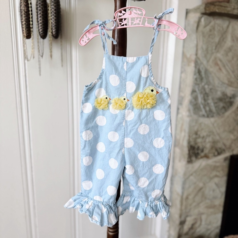 Mud Pie Light Blue and White Polka Dot Romper with Yellow Chick Appliqué